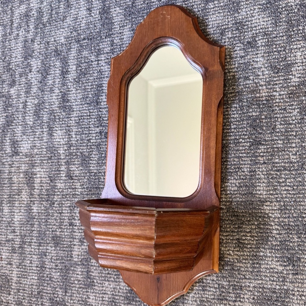 Vintage Wood Wall Mirror Sconce with Hooded Shelf Brown Pine Mid Century Decor